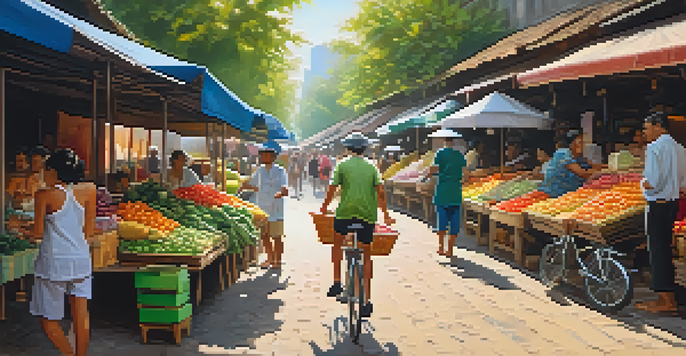 A cyclist navigating a bustling Thai market with colorful stalls and vibrant sunlight.