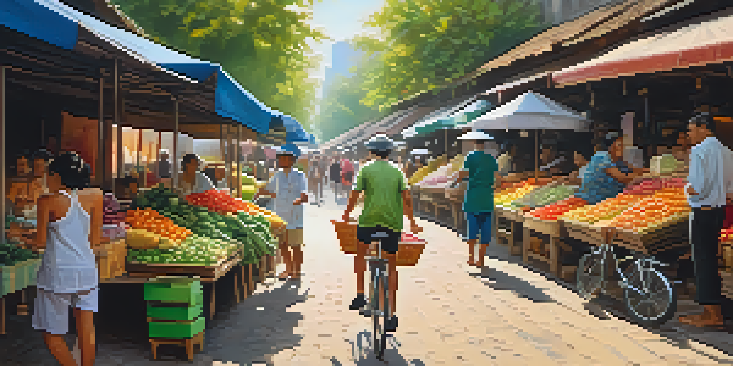A cyclist navigating a bustling Thai market with colorful stalls and vibrant sunlight.