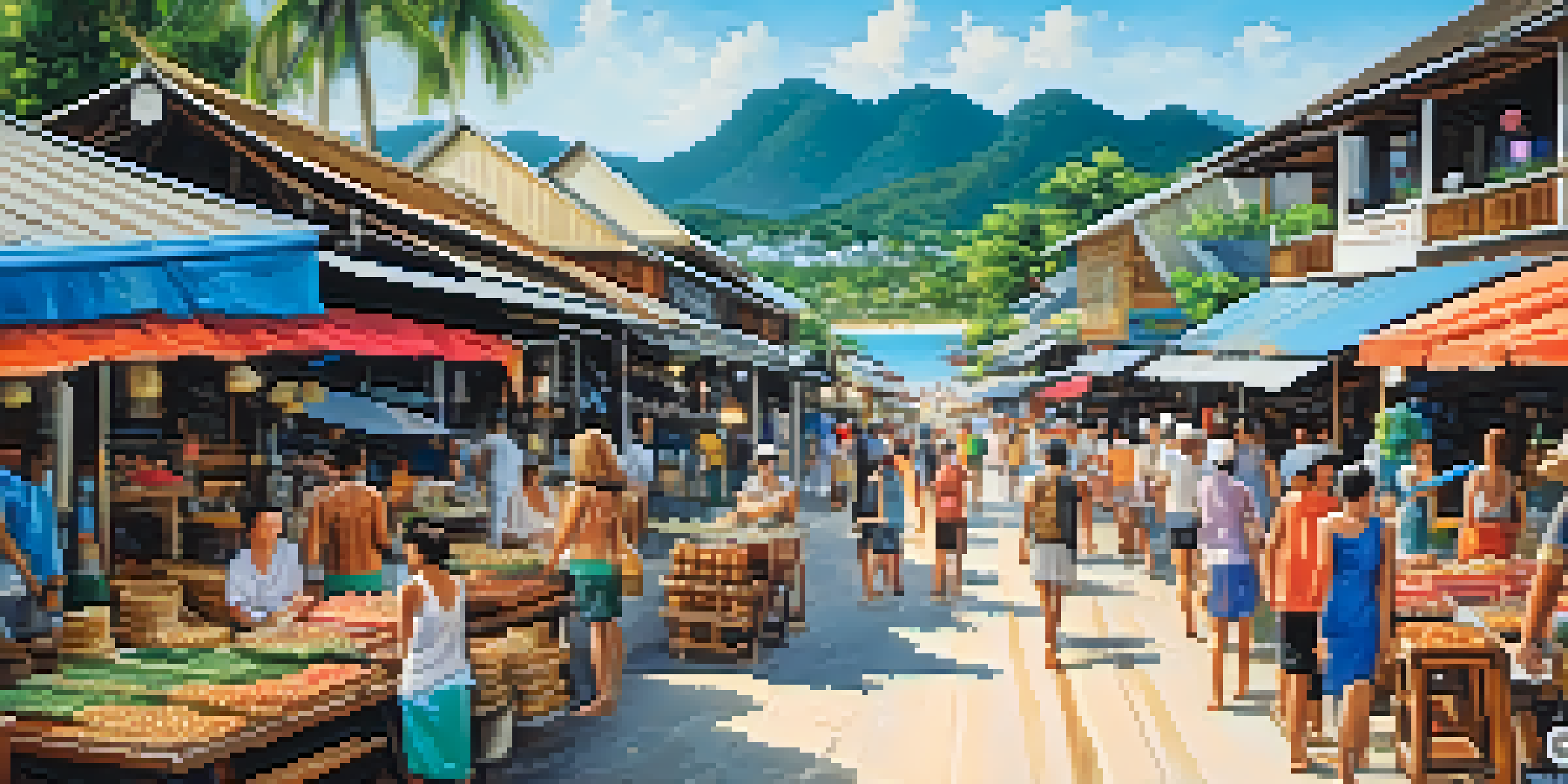 A lively street view of Fisherman's Village with wooden houses, colorful street food stalls, and boutique shops, along with the ocean in the background.