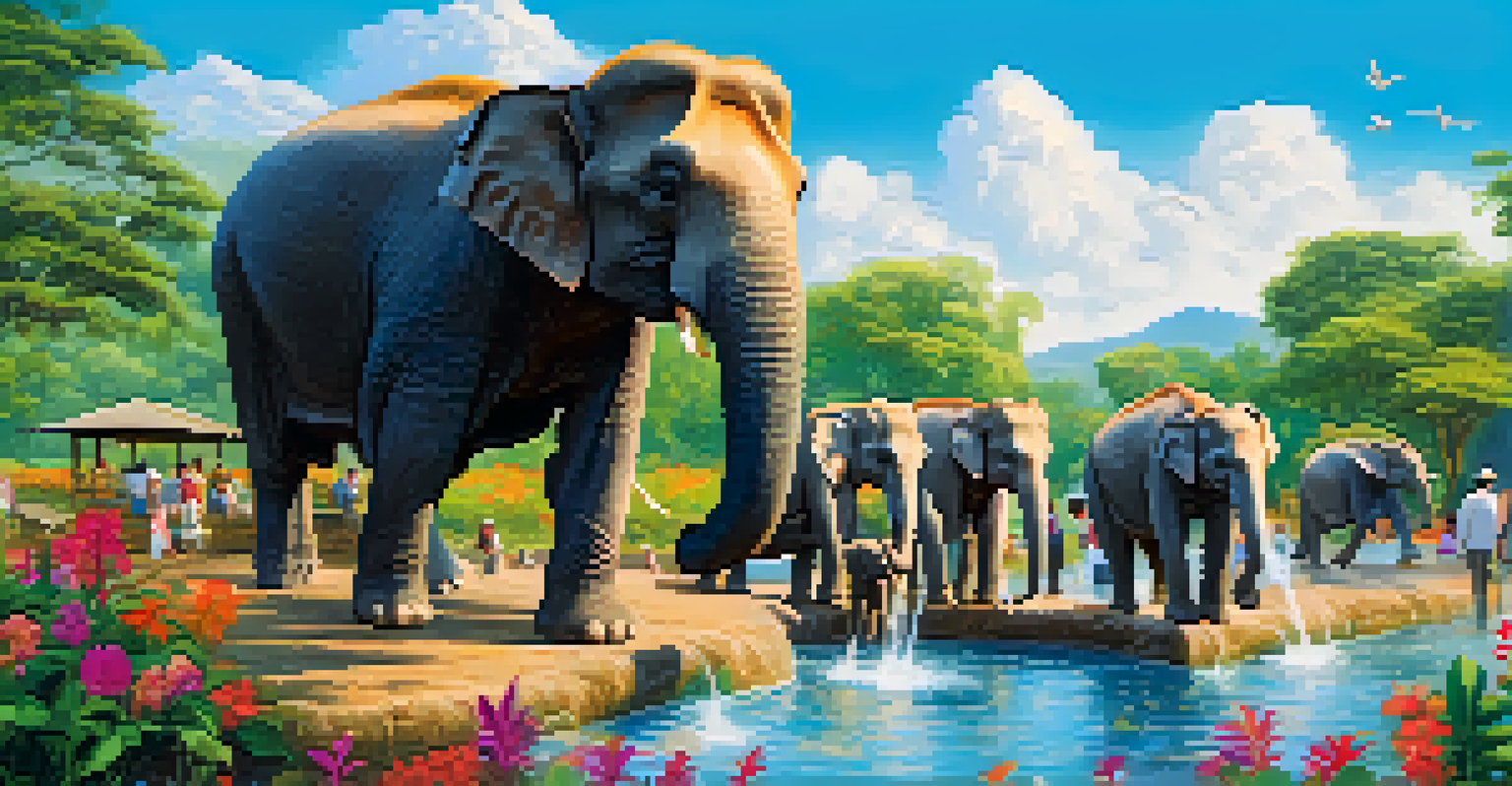 Visitors interacting with elephants at the Elephant Nature Park in a green environment, with trees and flowers.