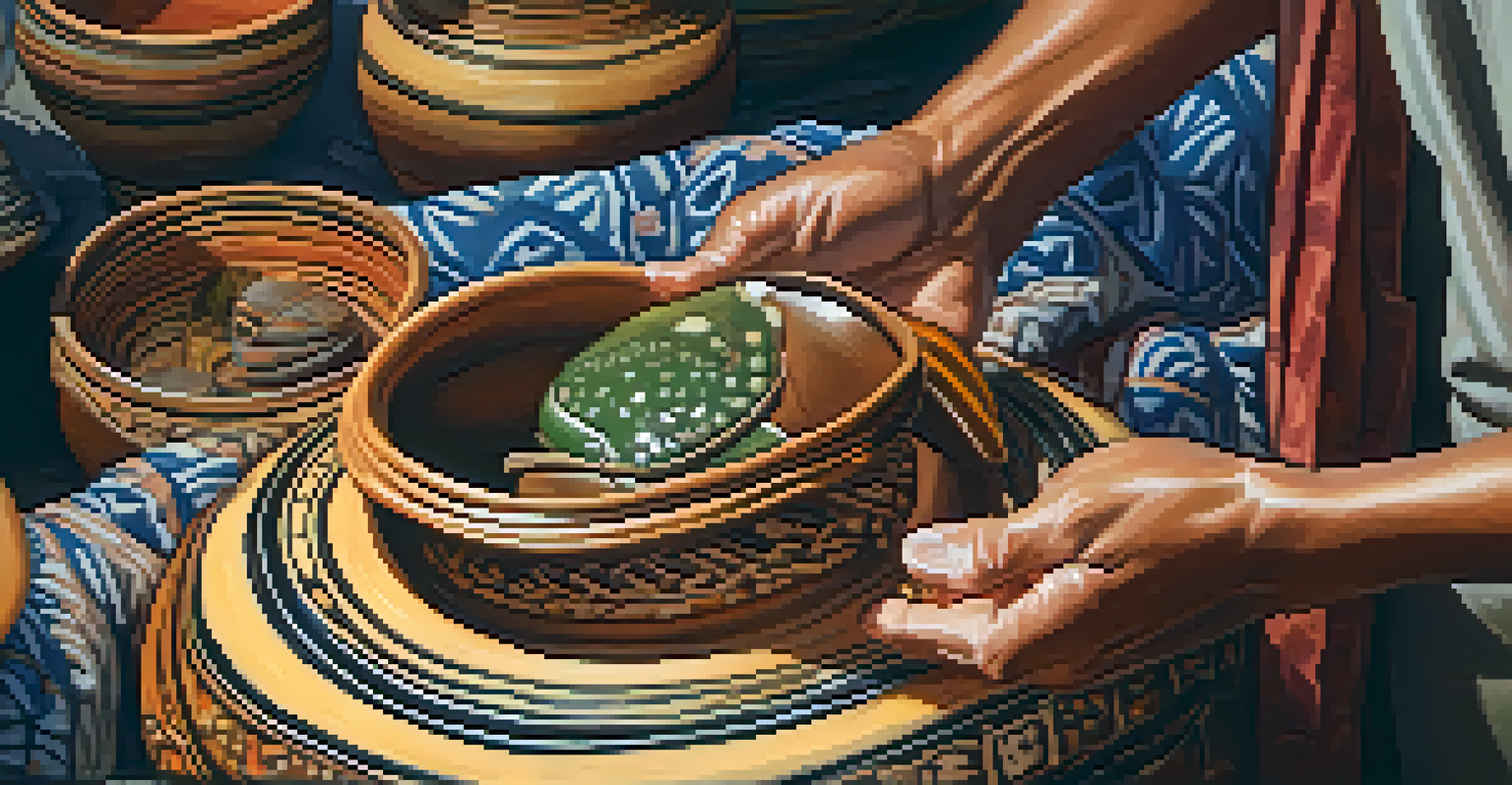 A traveler's hands holding a beautifully crafted local pottery piece in a vibrant market.