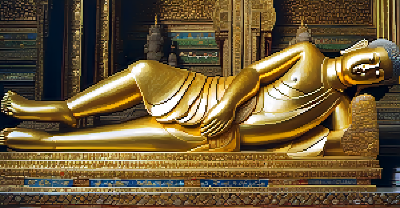 Close-up of the Reclining Buddha statue at Wat Pho, focusing on the gold leaf details and mother-of-pearl inlays, with visitors in the background.