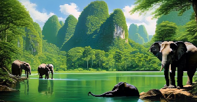 A picturesque view of Khao Sok National Park featuring lush forests and wildlife, including elephants and gibbons near a river under a blue sky.