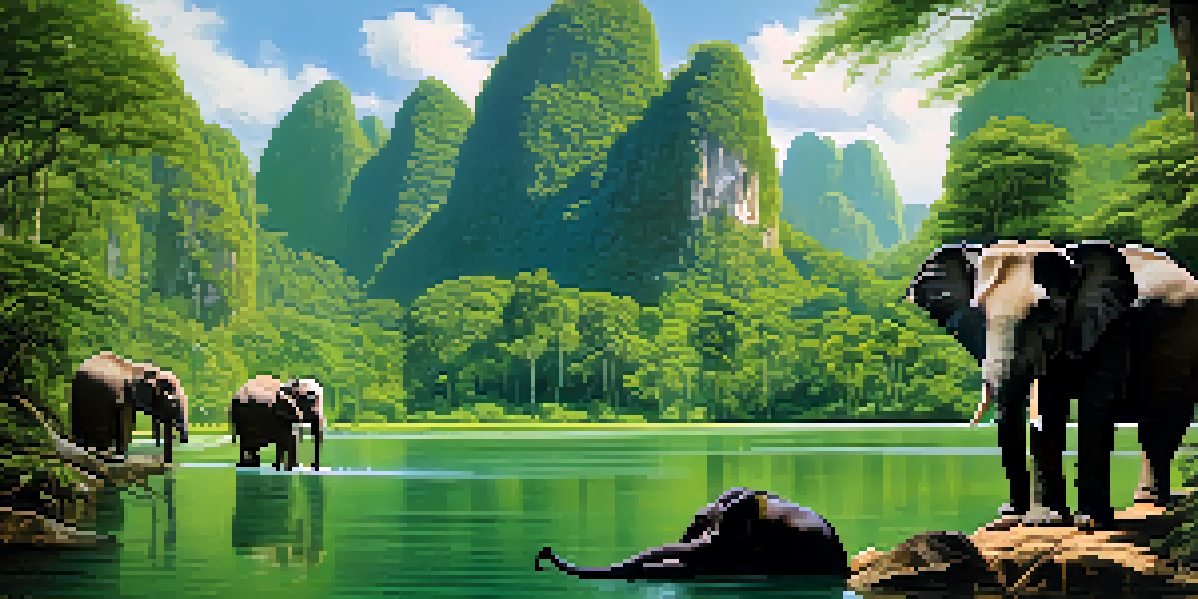 A picturesque view of Khao Sok National Park featuring lush forests and wildlife, including elephants and gibbons near a river under a blue sky.