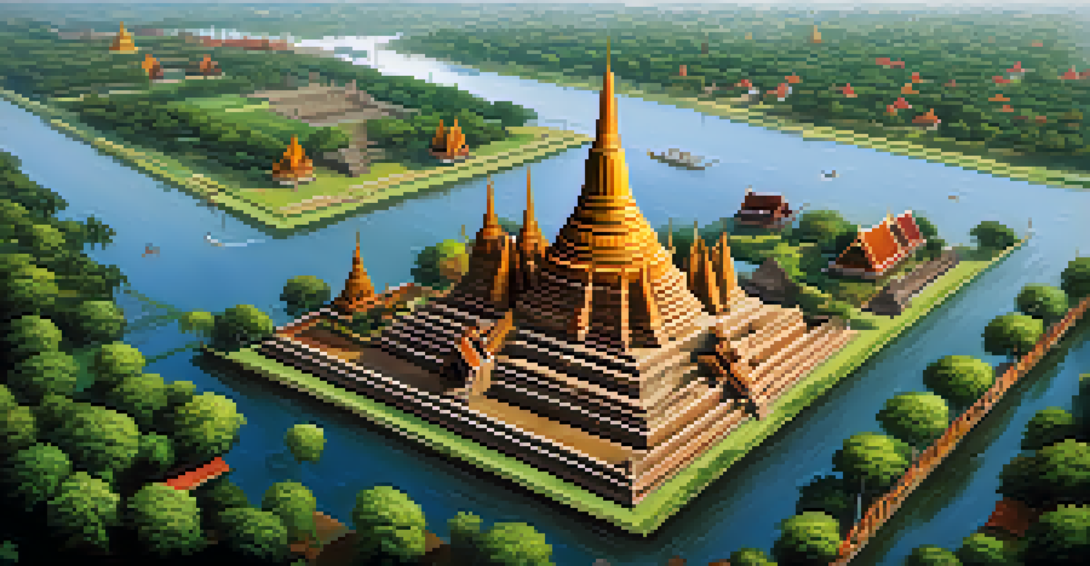 Aerial view of Ayutthaya ruins with ancient temples surrounded by greenery and a river.