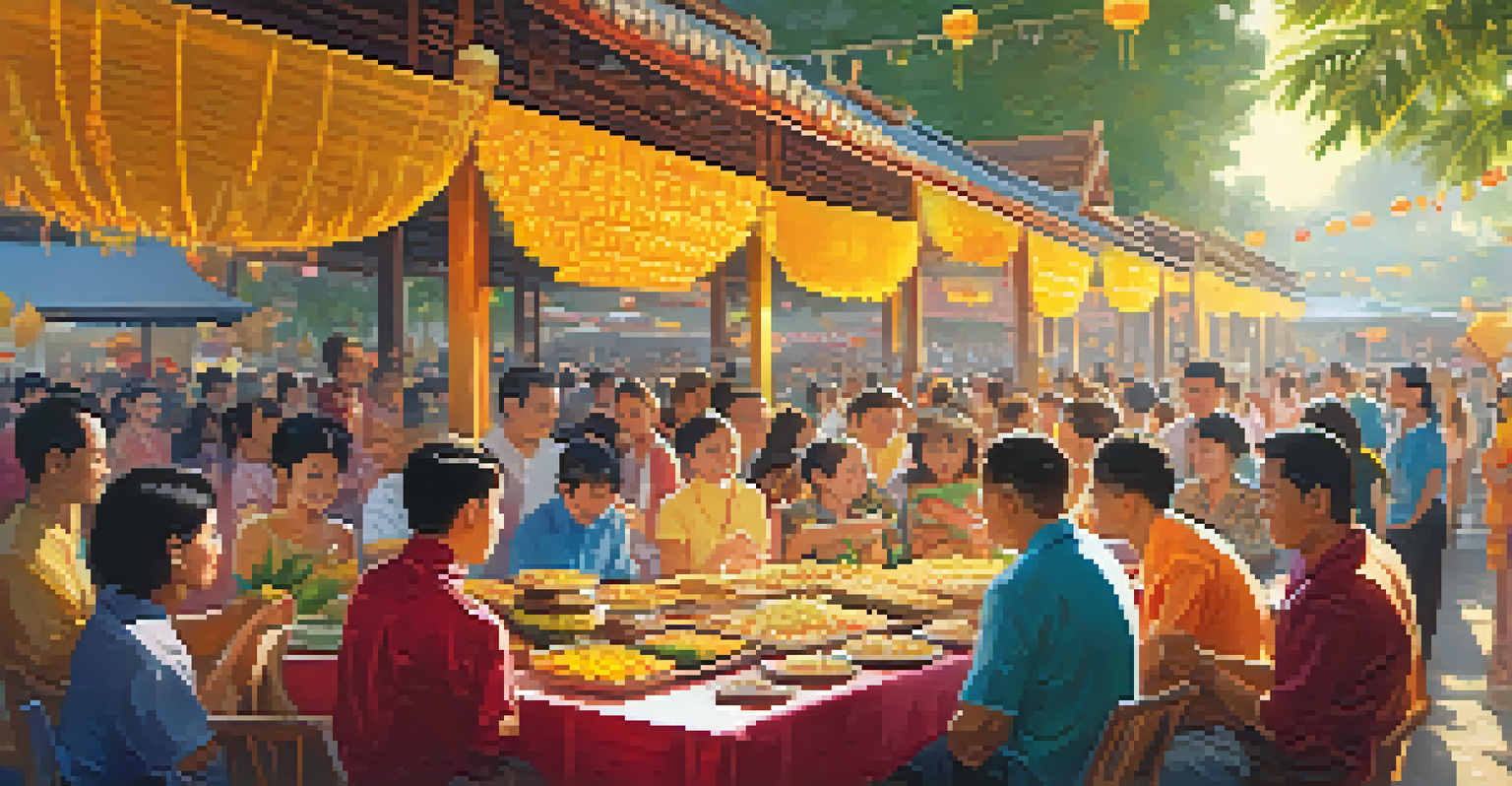 A festival scene with people enjoying mango sticky rice dishes on a decorated table during the Thai New Year.