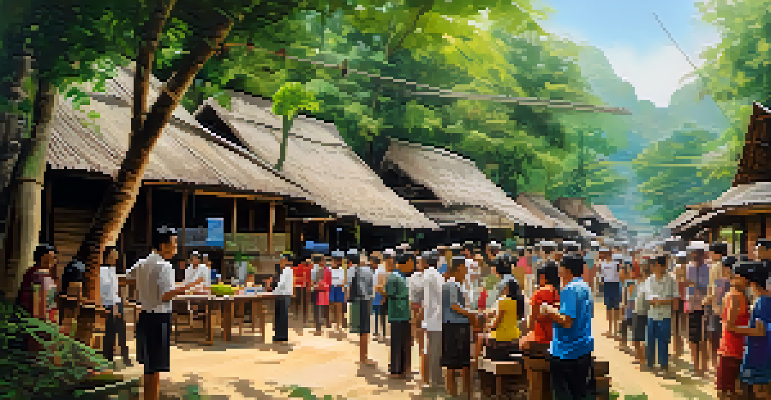 A gathering of local residents in a Thai village discussing eco-tourism and conservation initiatives.