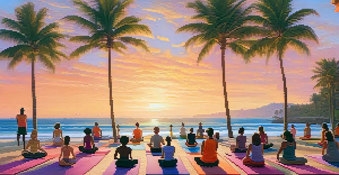 A group of people practicing yoga on a beach at sunrise, surrounded by palm trees and ocean waves.