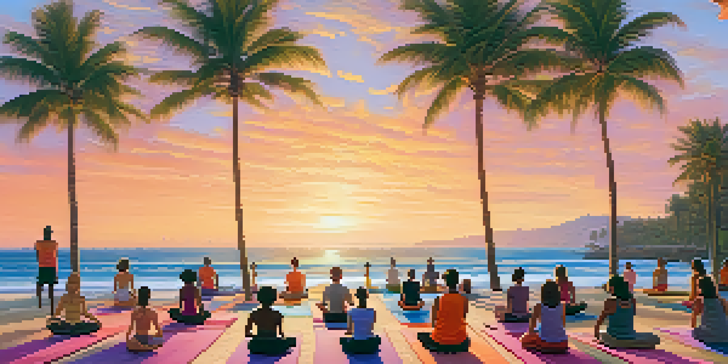 A group of people practicing yoga on a beach at sunrise, surrounded by palm trees and ocean waves.