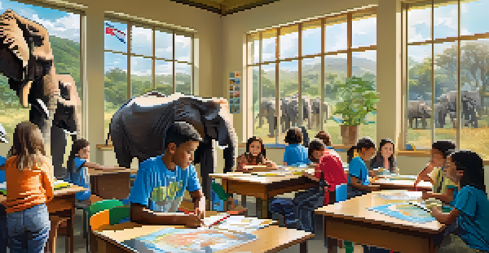 A lively classroom where students are learning about wildlife conservation, with posters of elephants and various educational materials visible.