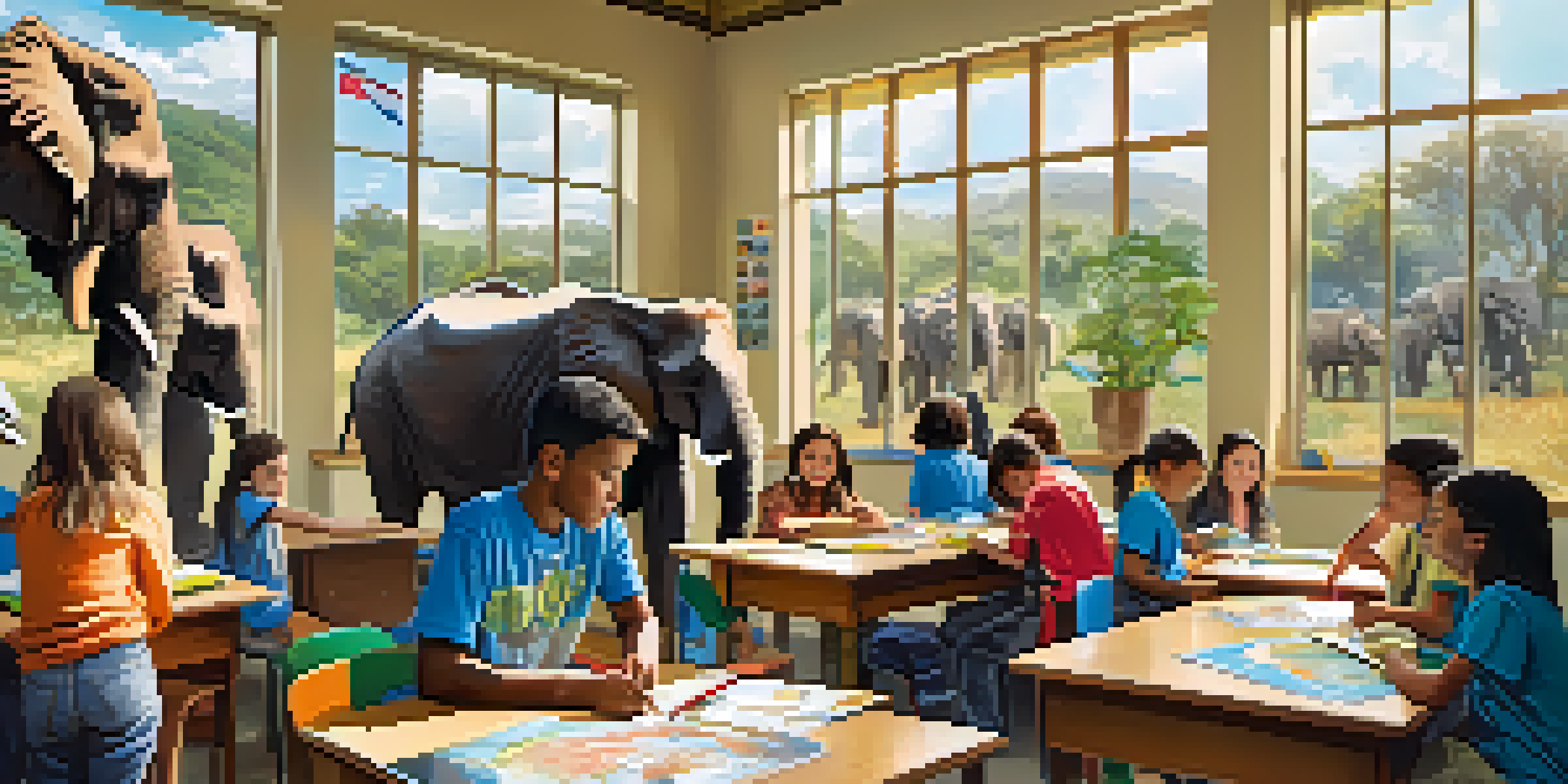 A lively classroom where students are learning about wildlife conservation, with posters of elephants and various educational materials visible.