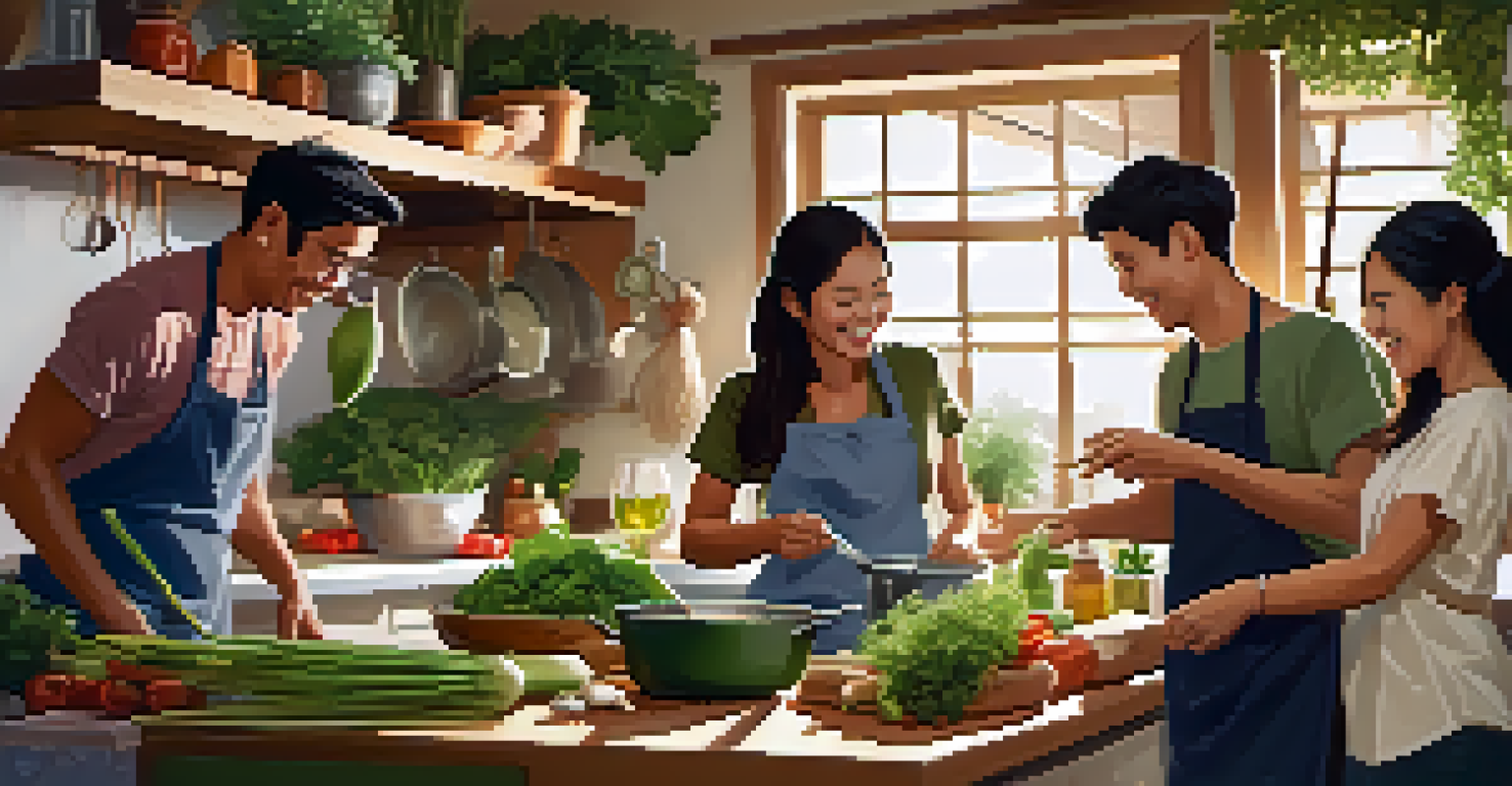 A cozy kitchen scene with friends cooking together, surrounded by fresh ingredients, creating a joyful and collaborative atmosphere.