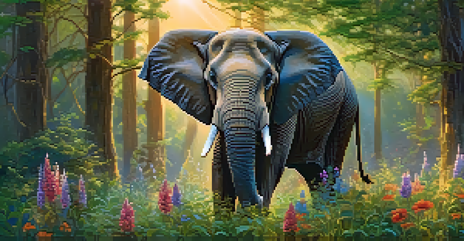 An Asian elephant in a forest clearing, surrounded by greenery and wildflowers, illuminated by sunlight.