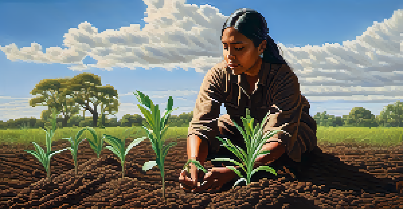 An indigenous woman planting trees in a field, symbolizing her connection to the land and conservation efforts.