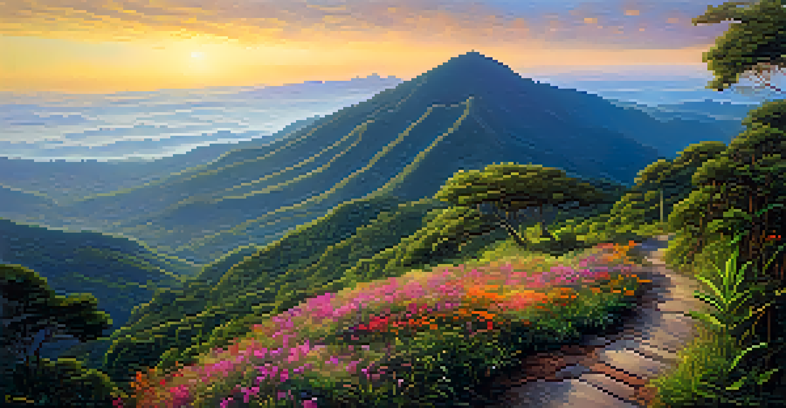 A stunning sunset view from Doi Inthanon, showing valleys and mountains with wildflowers in the foreground.