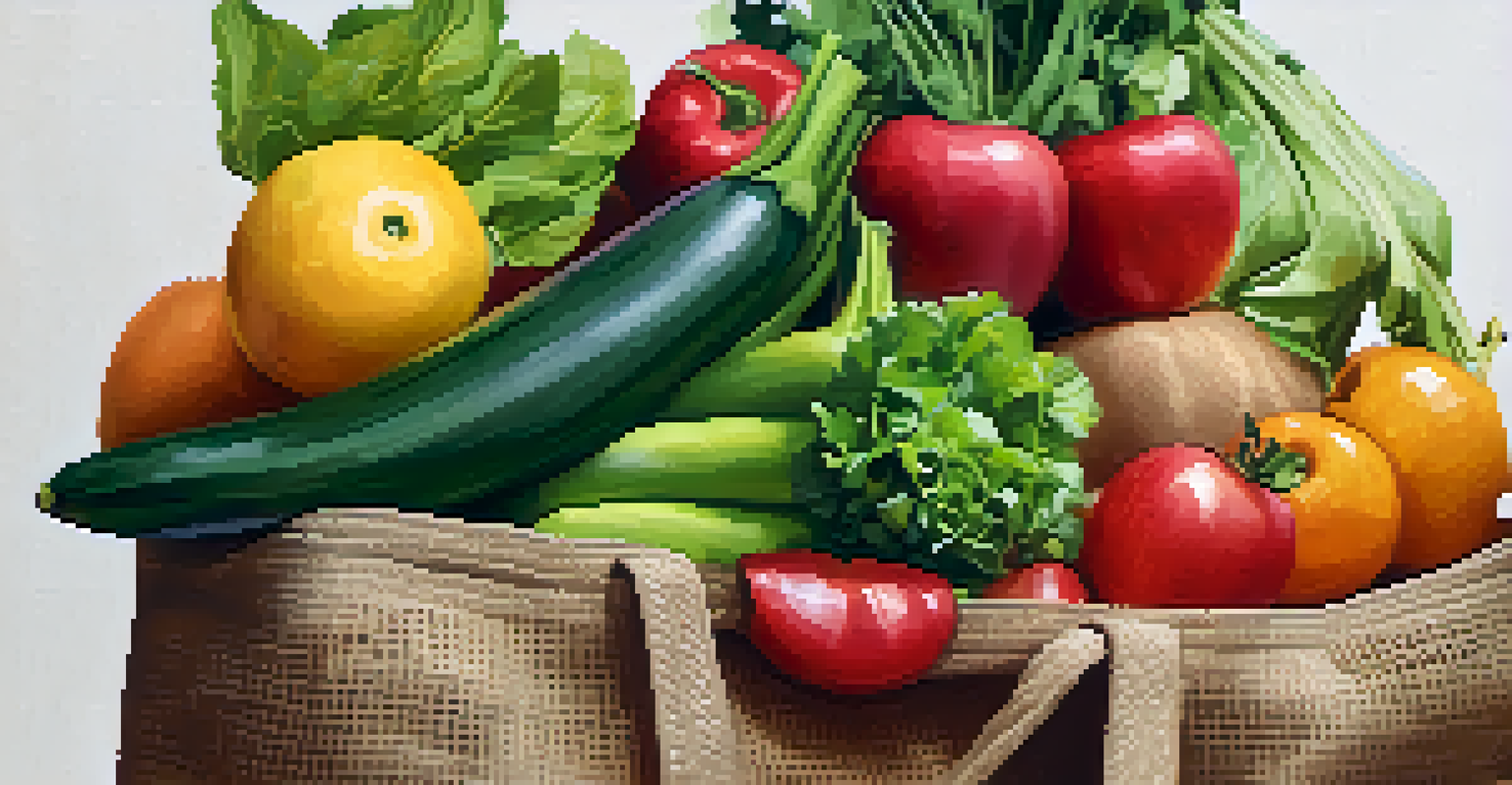 A reusable shopping bag filled with fresh fruits and vegetables at a farmer's market, emphasizing sustainable shopping.