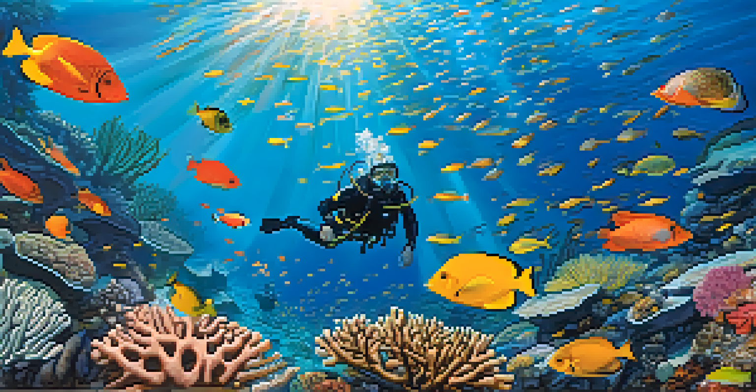 A scuba diver exploring a colorful coral reef with various fish in clear blue water.