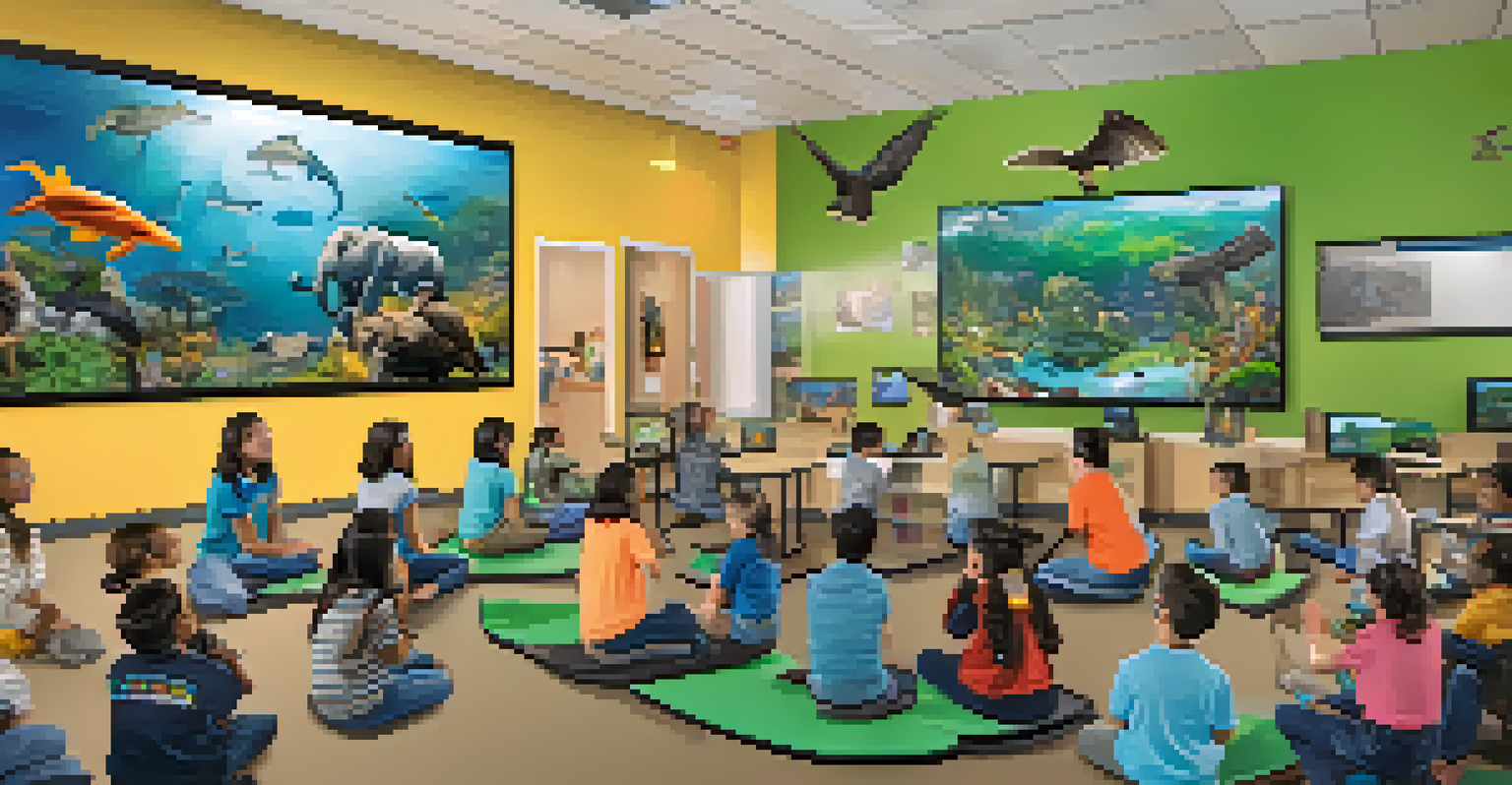 Students in a modern classroom using virtual reality headsets to learn about wildlife conservation, with various educational displays around them.