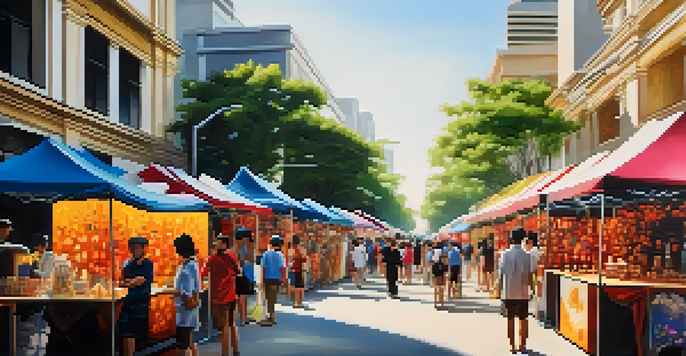 A bustling street scene filled with colorful art installations and crowds of people during Bangkok Design Week, under warm sunlight.