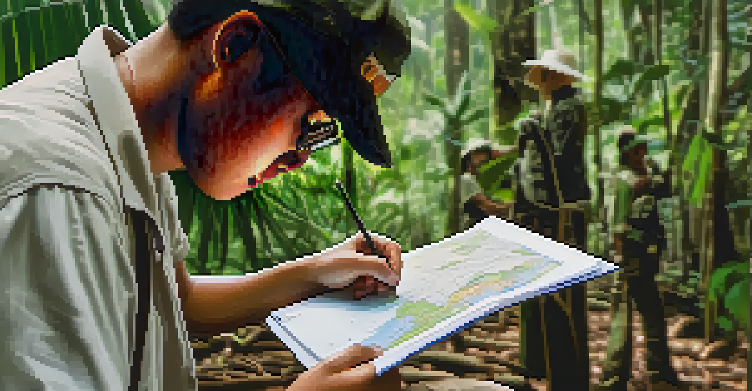 A tourist taking notes at a wildlife conservation workshop in Thailand, with a guide pointing at a map in a lush natural setting.