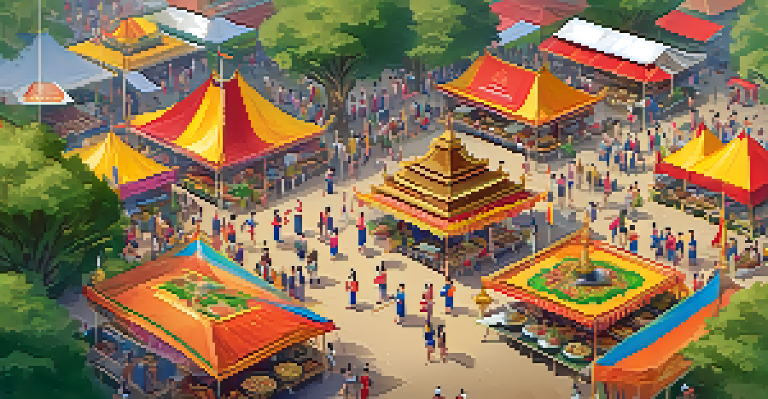 An aerial view of a lively Thai food festival with people enjoying food stalls and cultural activities.