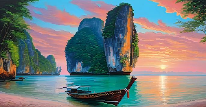 A scenic view of Railay Beach in Thailand with limestone cliffs and a colorful sunset over the water.
