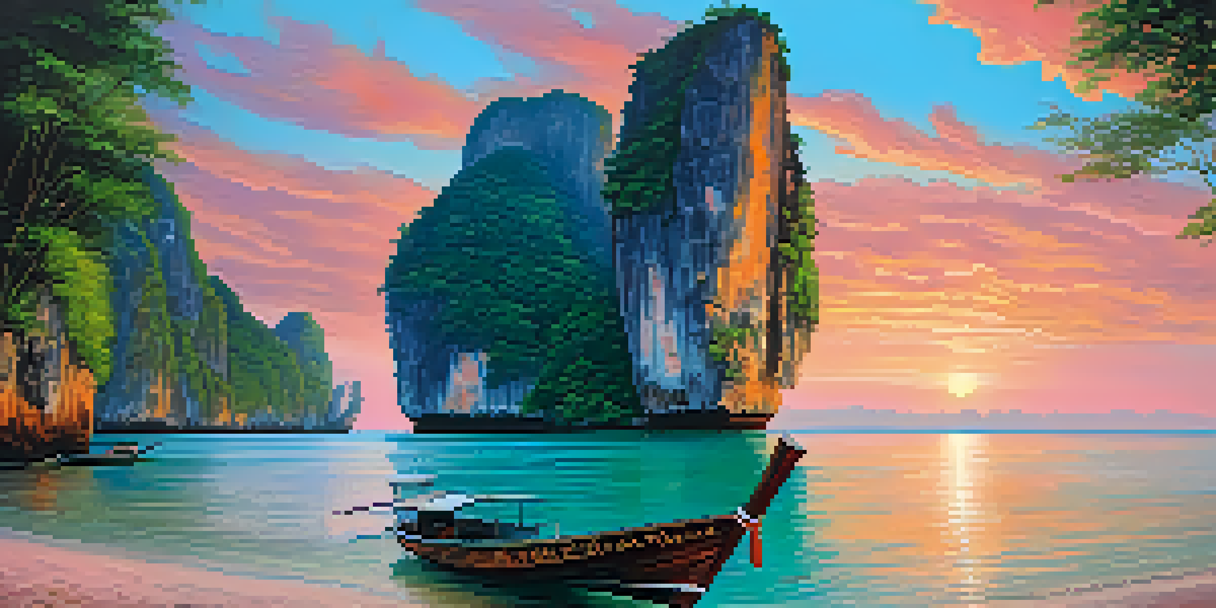 A scenic view of Railay Beach in Thailand with limestone cliffs and a colorful sunset over the water.