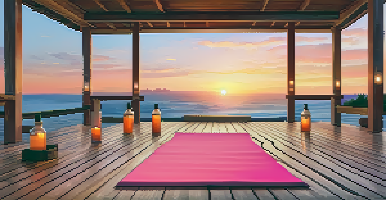 An outdoor yoga space at sunset with yoga mats and essential oil bottles, creating a tranquil atmosphere.