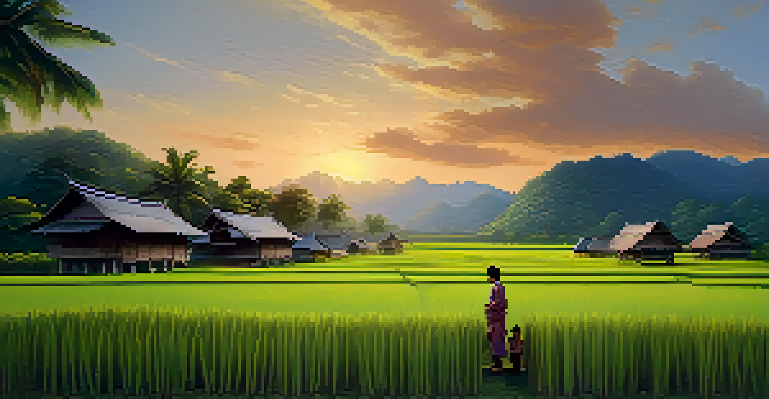 A peaceful rural Thai village with wooden houses and rice fields, depicting an elder sharing stories with children at sunset.