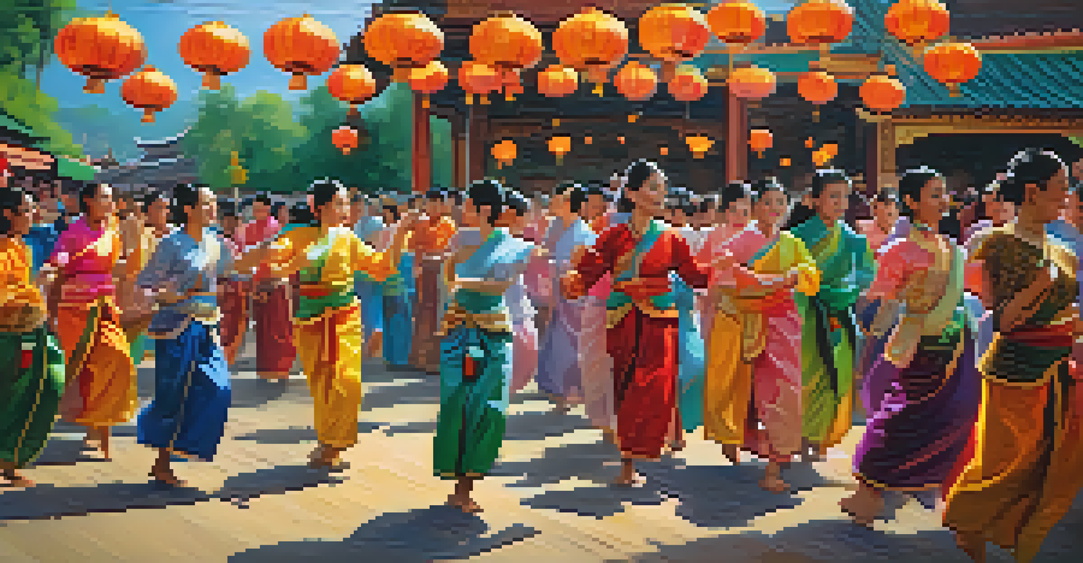 A lively scene of a Thai festival with people dancing in traditional costumes and colorful decorations.