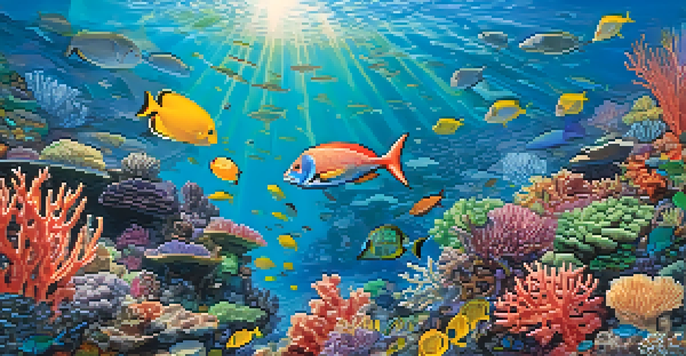 An underwater view of a lively coral reef with colorful fish swimming among the corals, illuminated by sunlight.