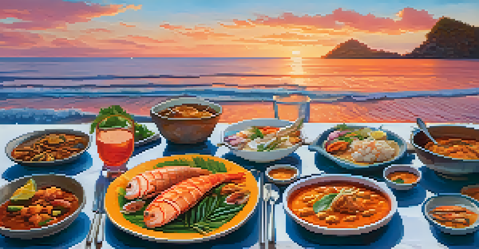 A sunset beach scene in Southern Thailand with a table set for a seafood feast featuring dishes like Massaman curry and grilled fish.