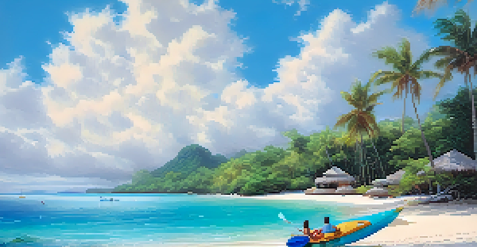 A peaceful beach on Coral Island with clear waters and a couple relaxing under an umbrella.