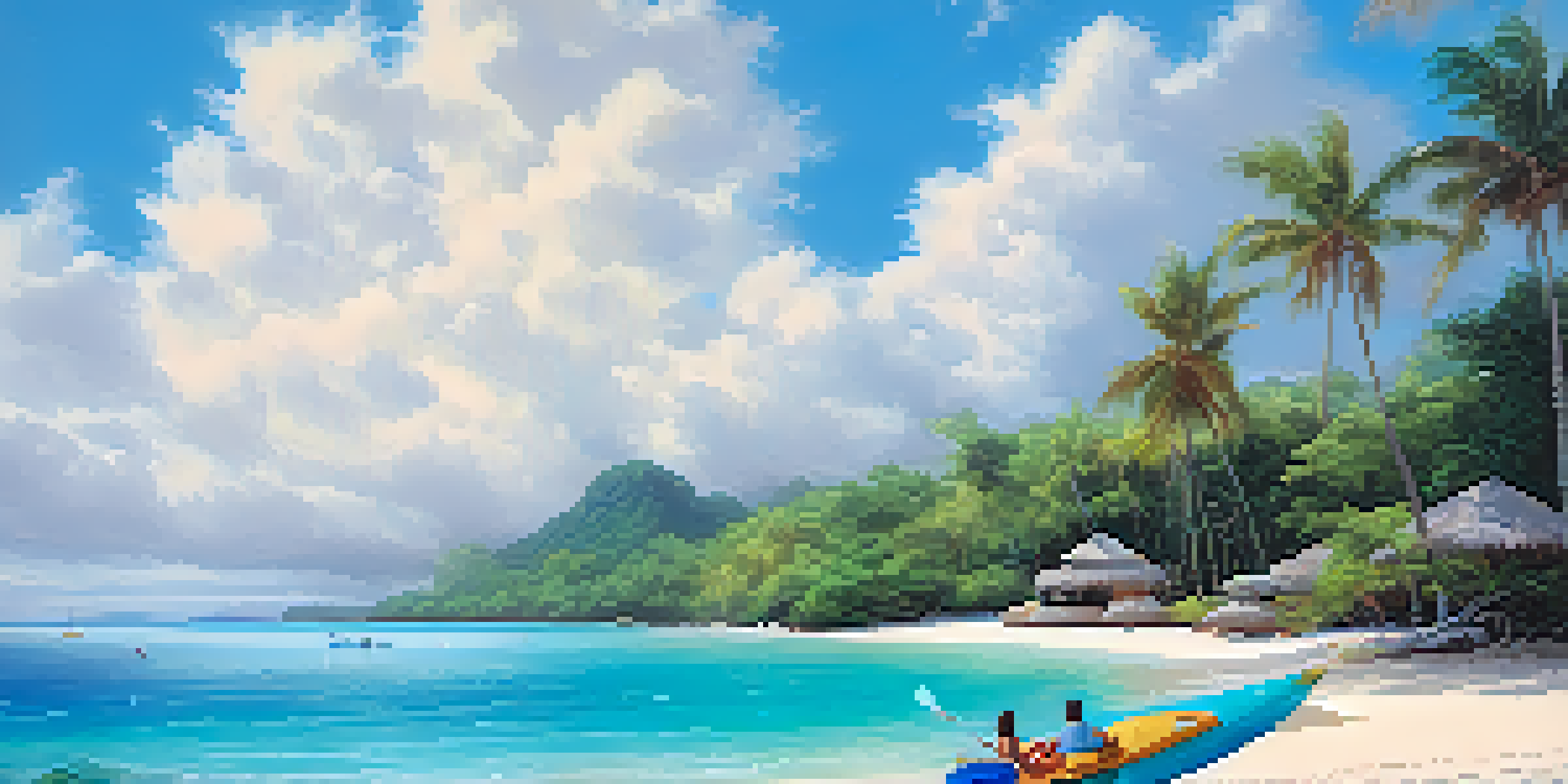 A peaceful beach on Coral Island with clear waters and a couple relaxing under an umbrella.