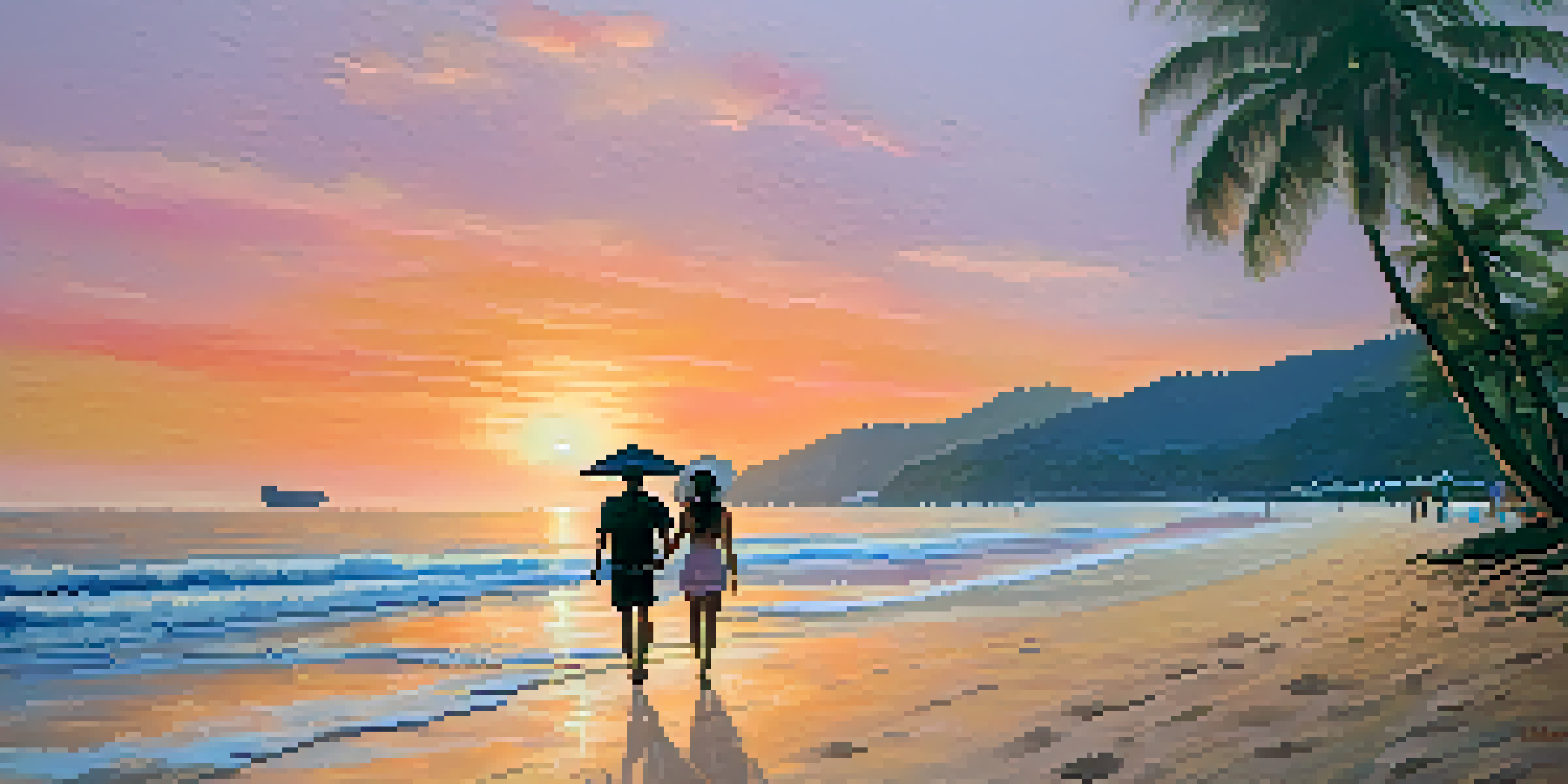 A couple walking hand-in-hand on Patong Beach during sunset, with vibrant orange and pink skies and palm trees.