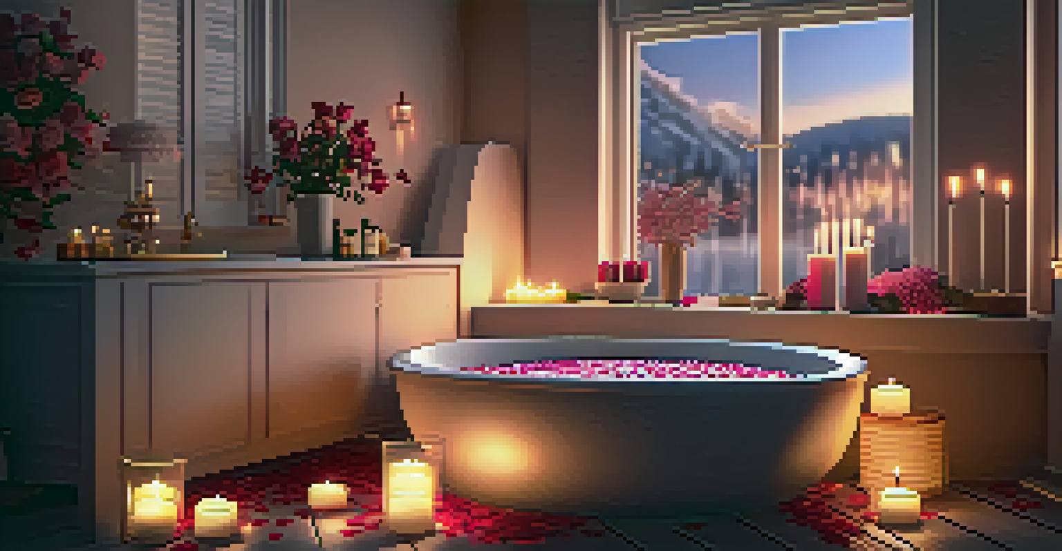 A home spa experience featuring a warm bath with rose petals and scented candles in a cozy setting.