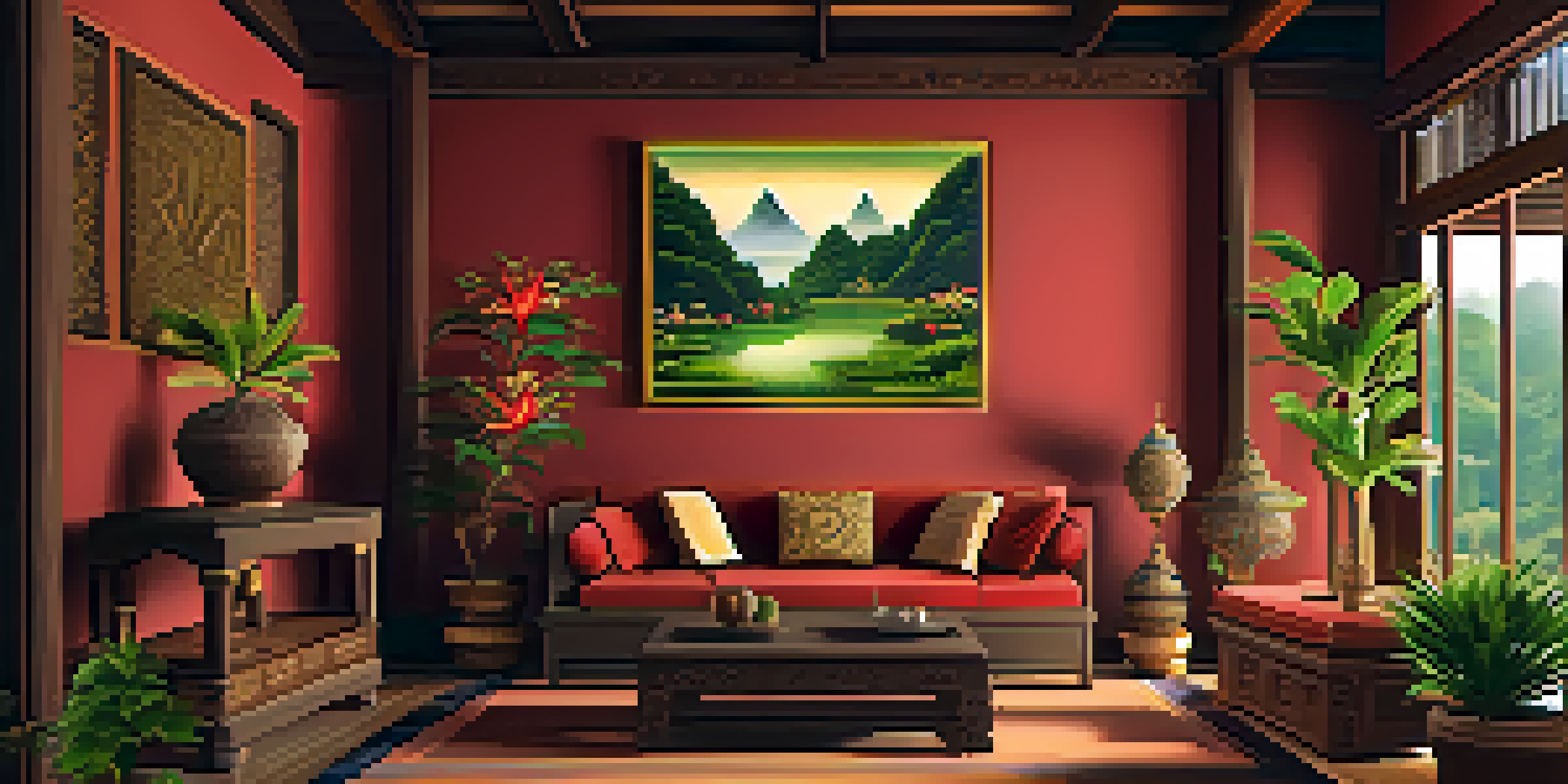 A cozy living room decorated with traditional Thai furniture, vibrant silk cushions, and potted plants, illuminated by warm lighting.