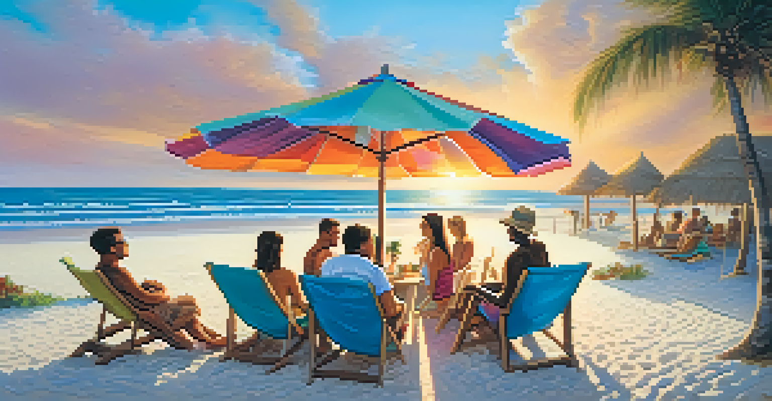 A beach with soft sand and turquoise waves, seating in a circle under a beach umbrella, and a colorful sunset sky.