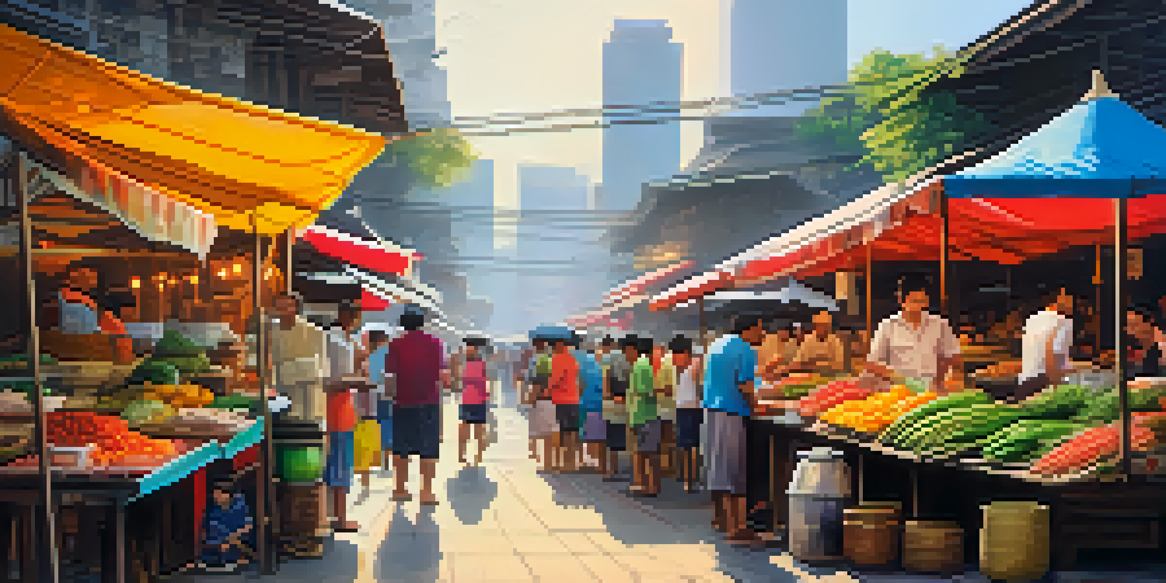 A lively Thai street food market with colorful stalls and vendors preparing food, filled with people enjoying their meals.