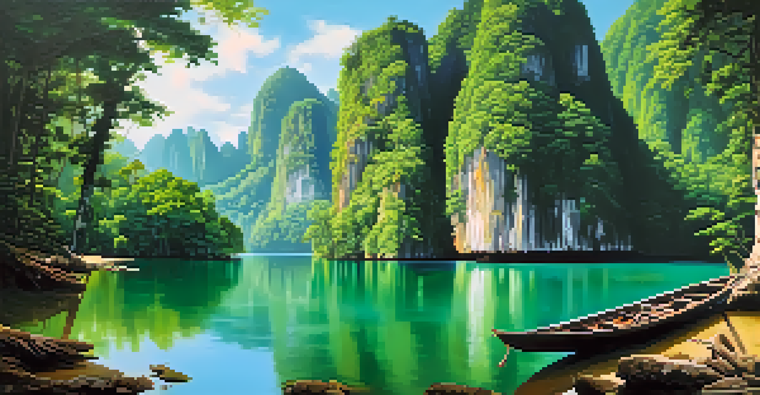 A serene view of Khao Sok National Park with dense rainforest and an emerald lake, framed by dramatic limestone cliffs.
