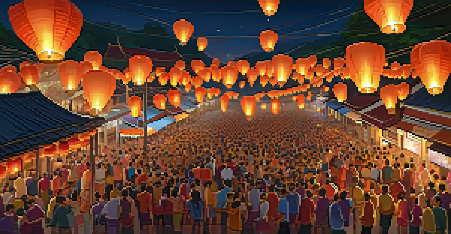Aerial view of a lively Loy Krathong celebration in Chiang Mai with crowds releasing lanterns and colorful market stalls.