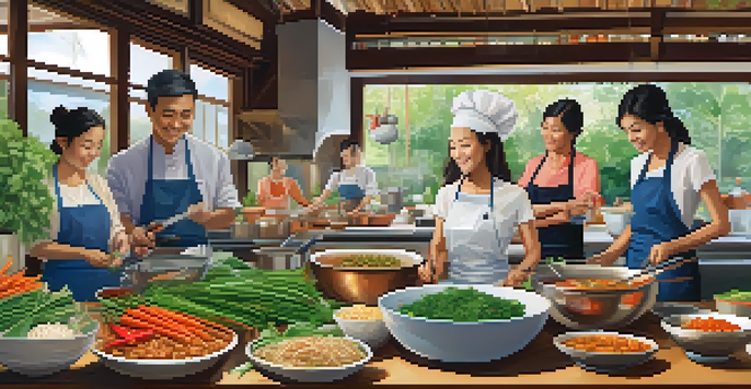 A lively cooking class with participants making traditional Thai dishes, surrounded by colorful ingredients and warm lighting.