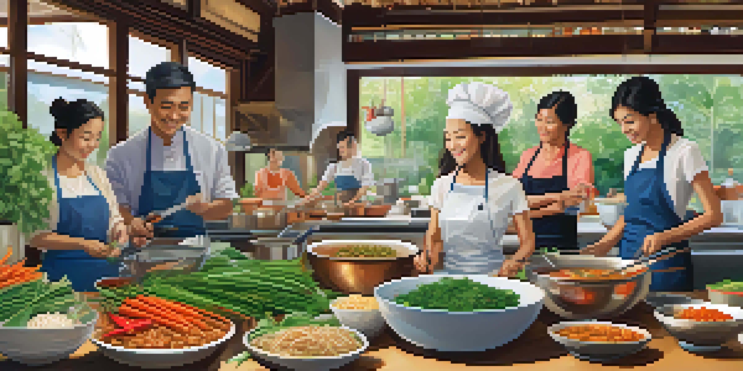 A lively cooking class with participants making traditional Thai dishes, surrounded by colorful ingredients and warm lighting.