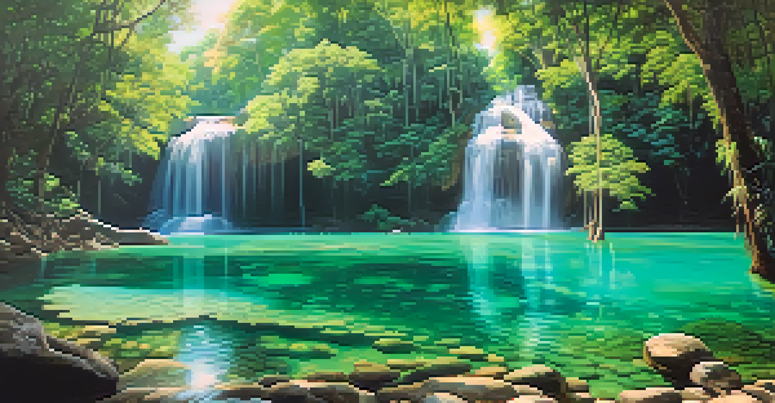 A stunning view of Erawan National Park's waterfalls, with clear blue water cascading in a serene natural setting.
