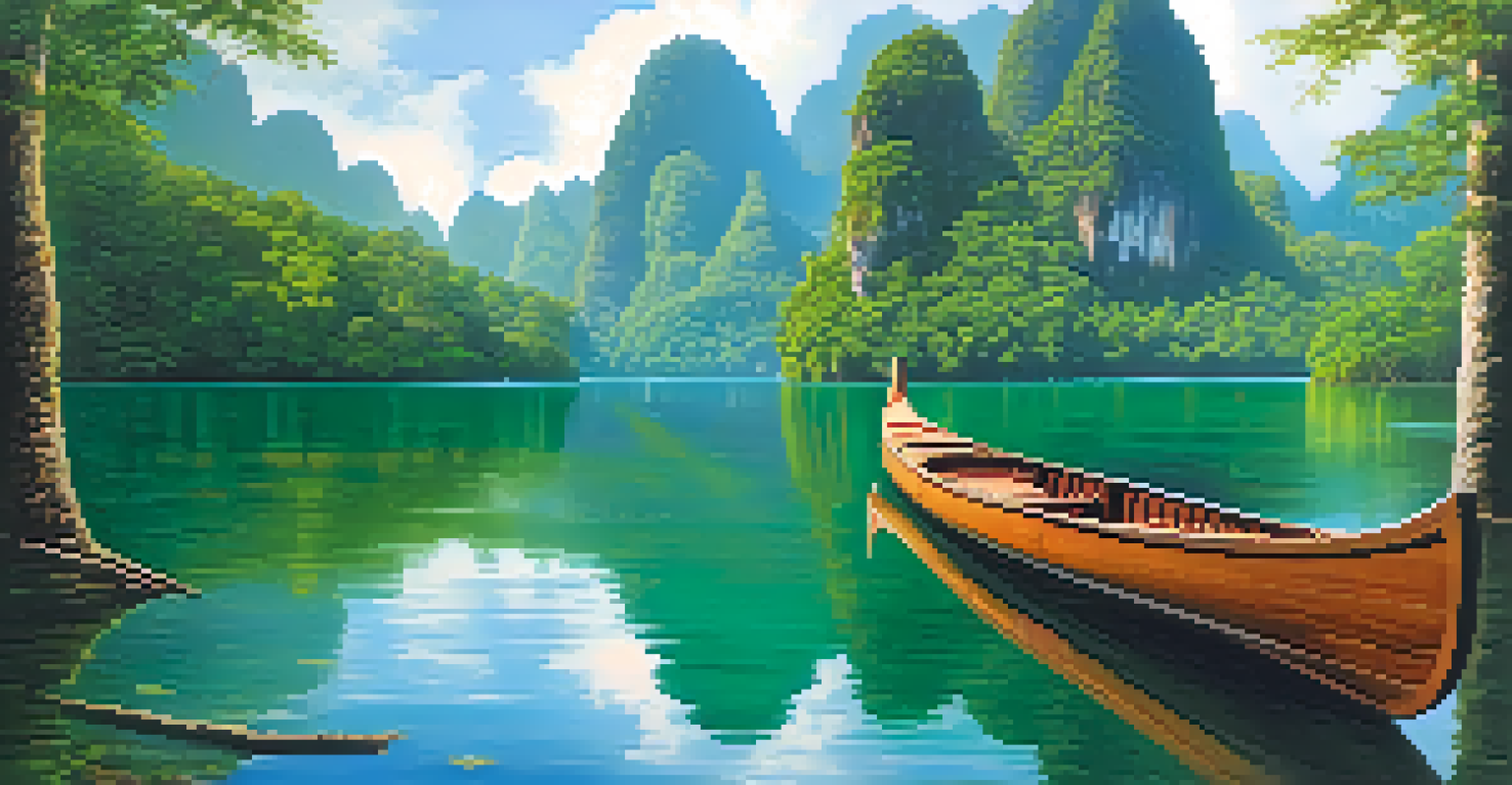 A canoe floating on Cheow Lan Lake with limestone cliffs and jungle in the background.
