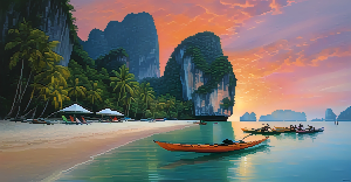 A scenic sunset view of Railay Beach with limestone cliffs and calm waters.