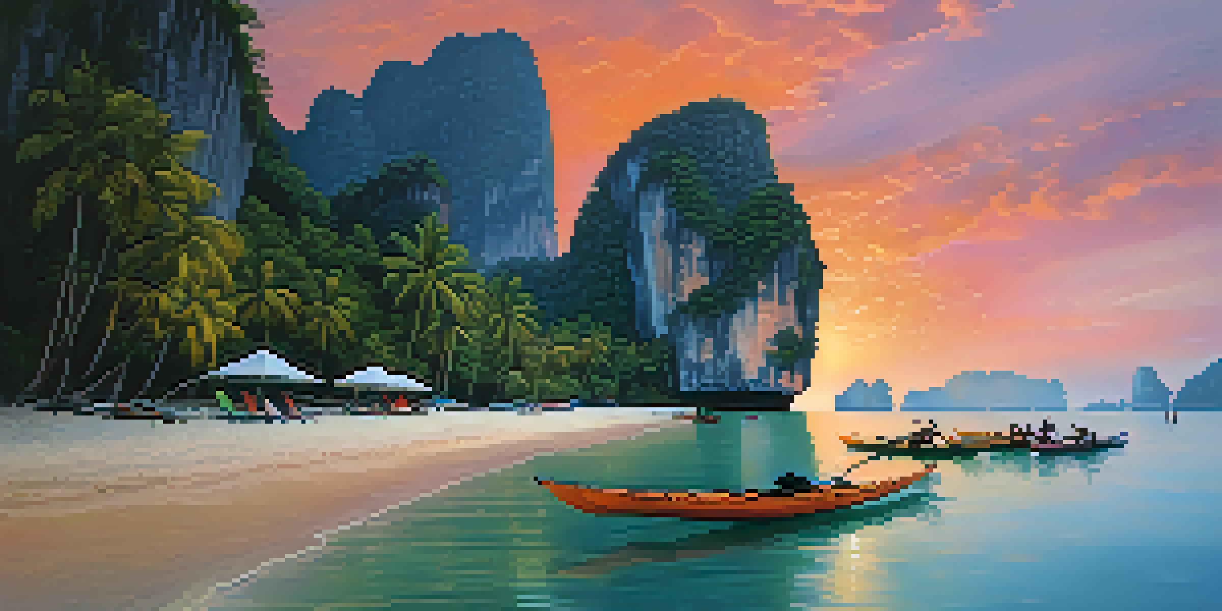 A scenic sunset view of Railay Beach with limestone cliffs and calm waters.