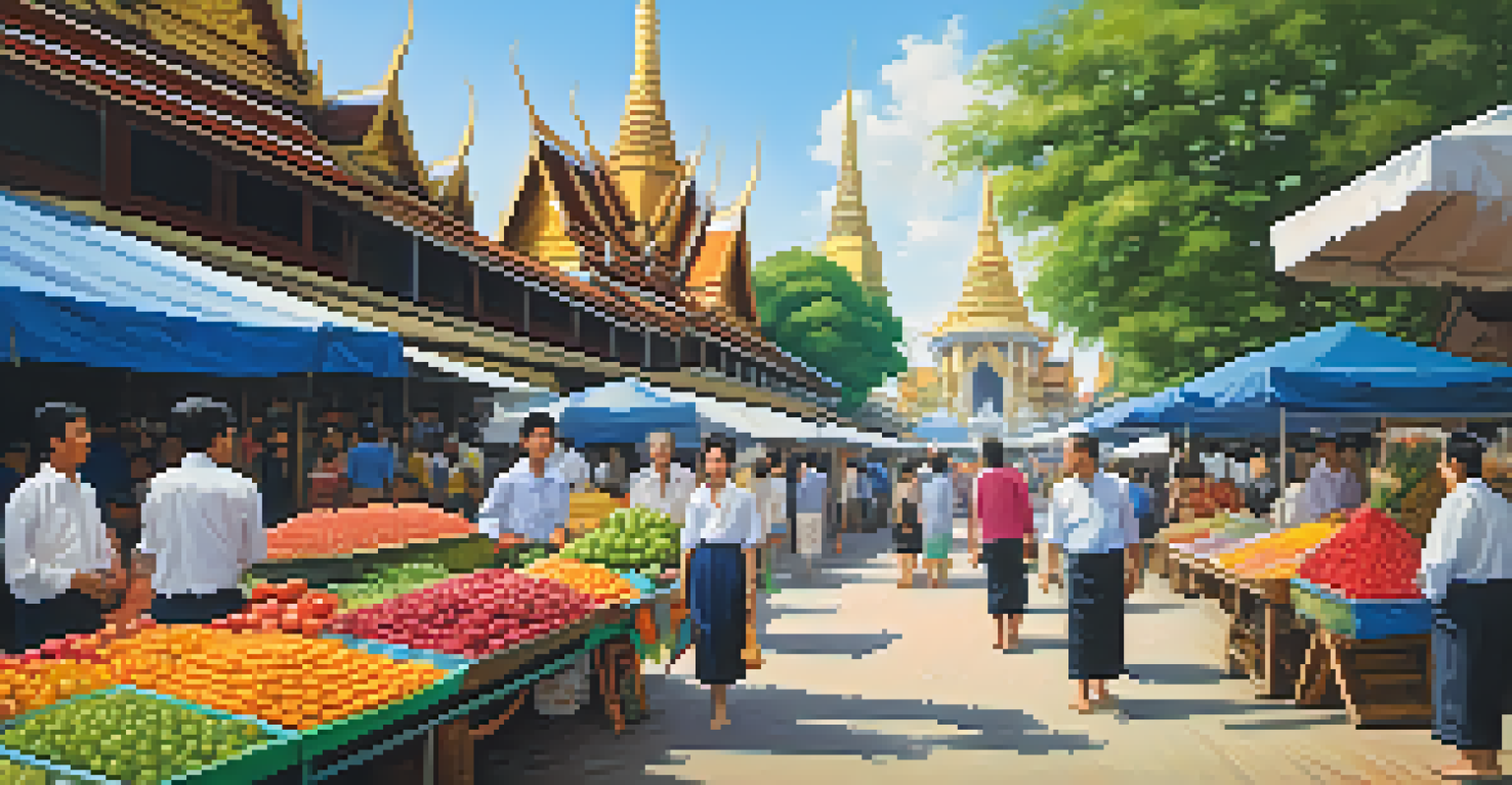 A lively Thai market scene with colorful stalls, people in traditional attire, and a majestic temple in the background under a clear blue sky.