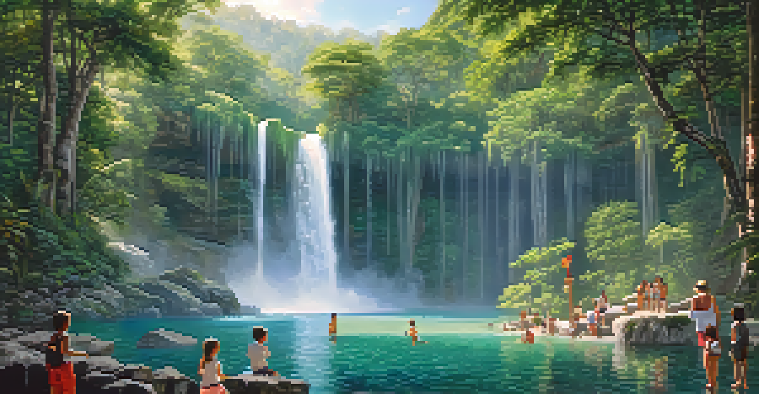 A family enjoying the beautiful Erawan Falls, with children playing in the water and lush vegetation all around.
