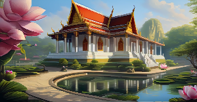 A beautiful Northern Thai temple surrounded by a tranquil garden filled with lotus flowers, showcasing intricate murals and golden spires under sunlight.